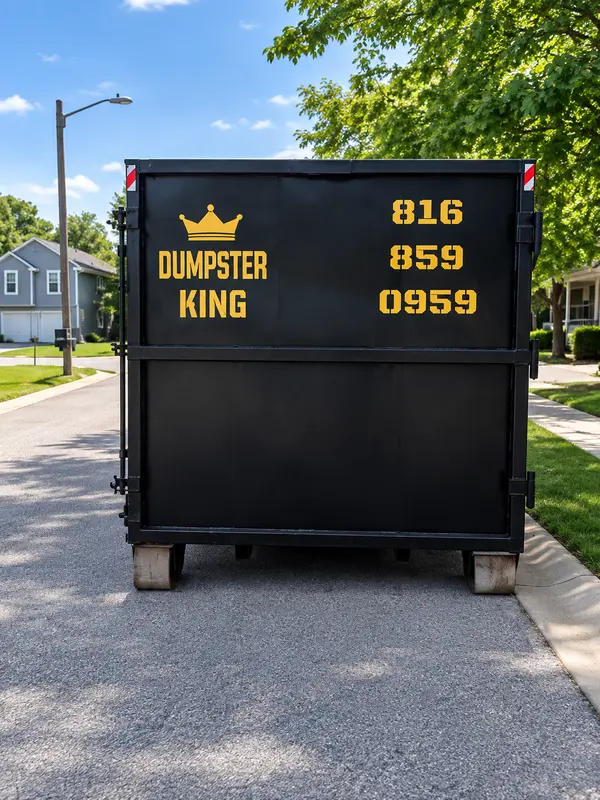 Dumpster King dumpster placed on a residential street near Independence, MO